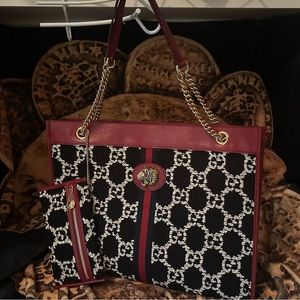 💯authentic Gucci Rajah Large tote bag in black and white GG Jacquard tweed